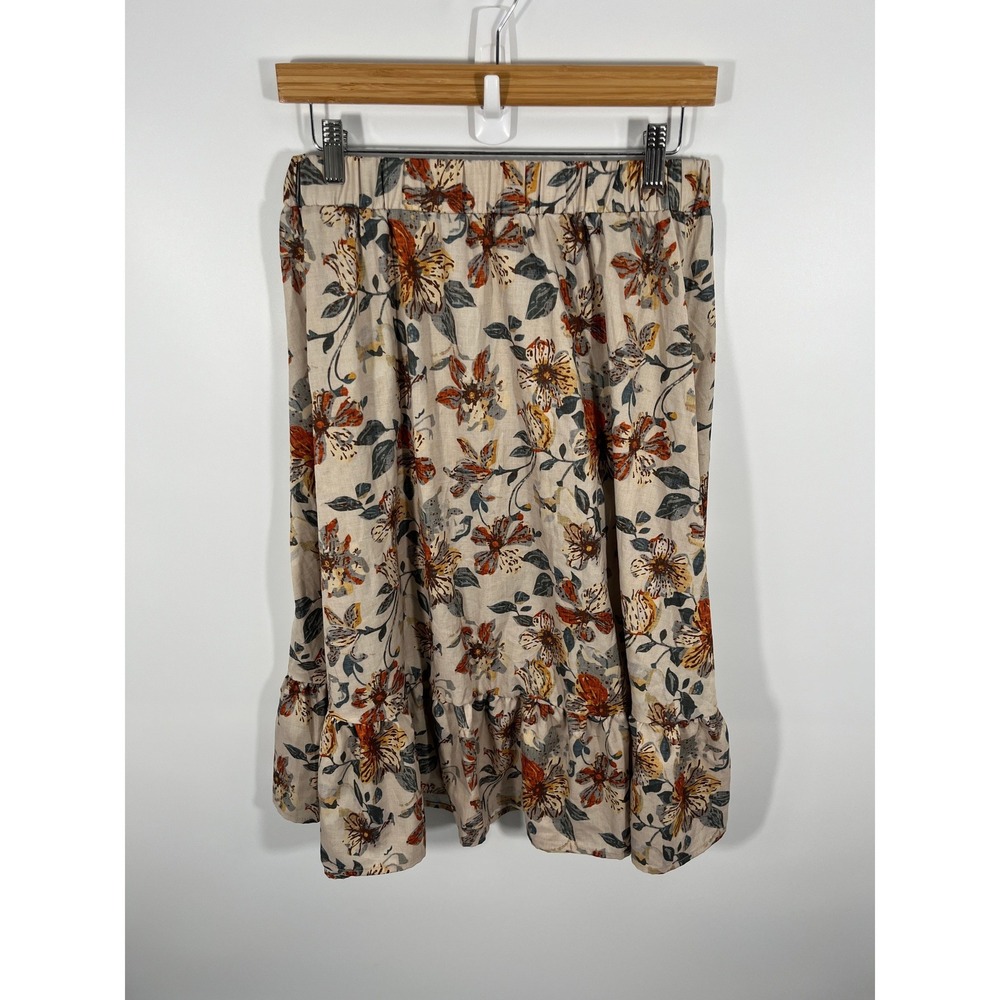 Cottage Boho Forest Fairy Womens Midi Skirt L Beige Ruffle Floral